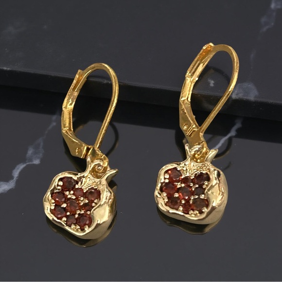 Gold Pomegranate Earrings with Red Crystal Accents - Picture 8 of 10